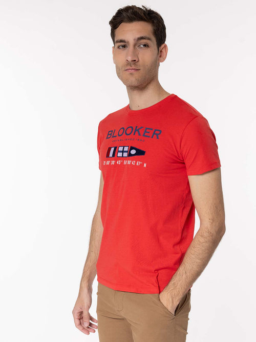 T-Shirt stampa e ricamo flag|Colore:Rosso